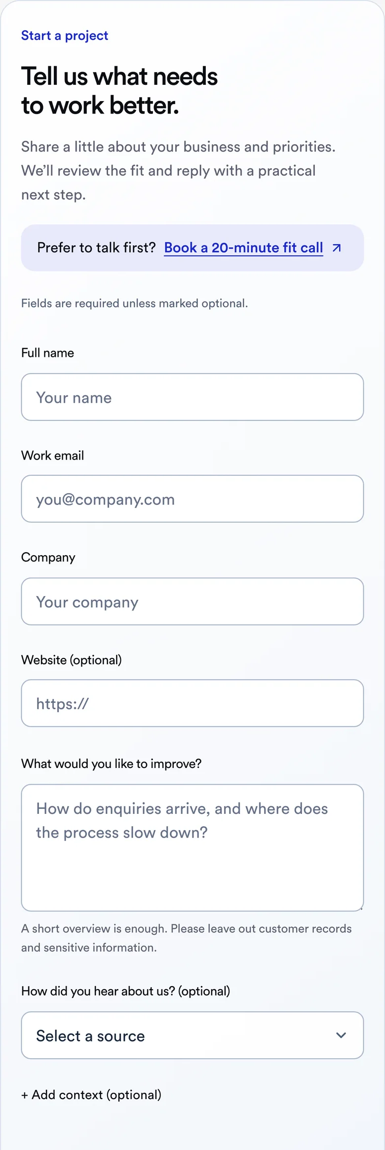 Skillphase’s mobile enquiry form with a fit-call booking link, full name, work email, company and optional website fields.