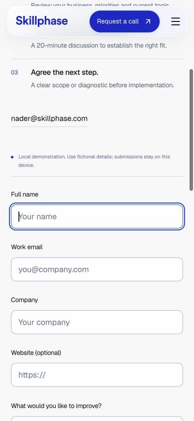 Skillphase’s local mobile enquiry form with its demonstration notice, a focused full-name field, work email, company and optional website fields.