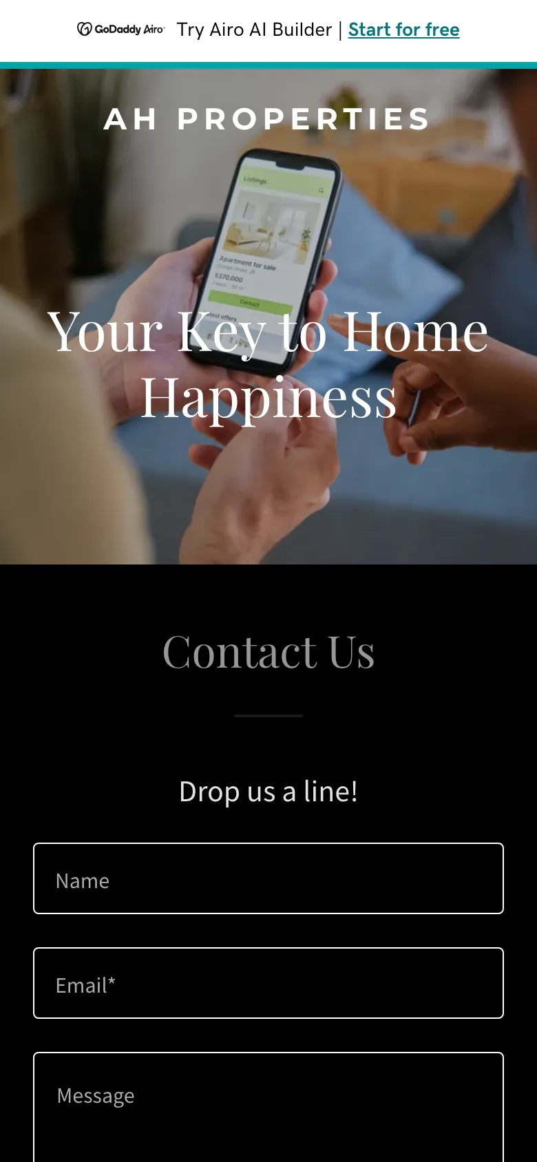 AH Properties website on a phone.