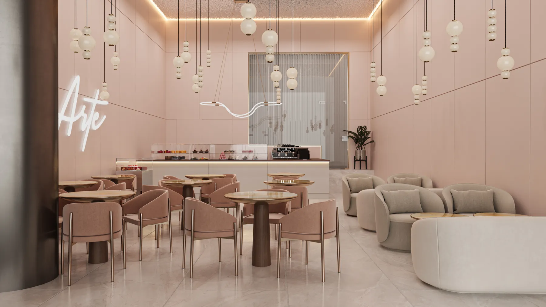 3D visualisation of the ARTE café interior in soft pink.