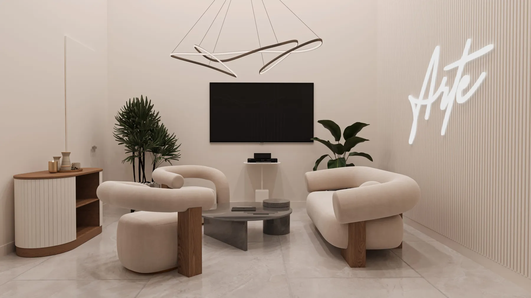 3D visualisation of the ARTE lounge with the script logo on the wall.
