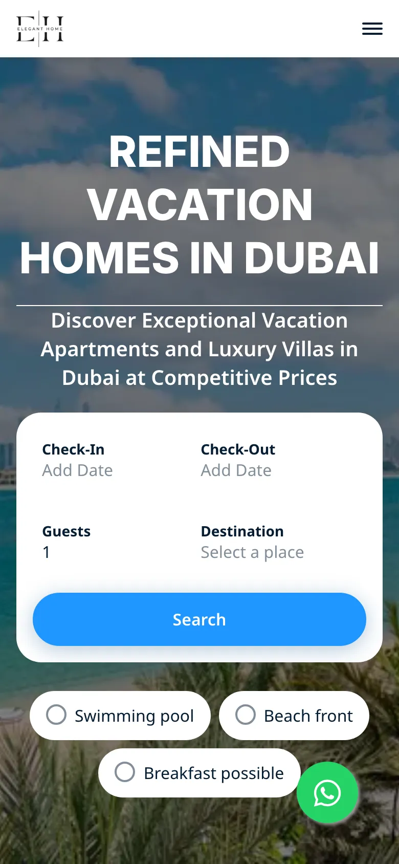 Elegant Homes booking search on a phone.