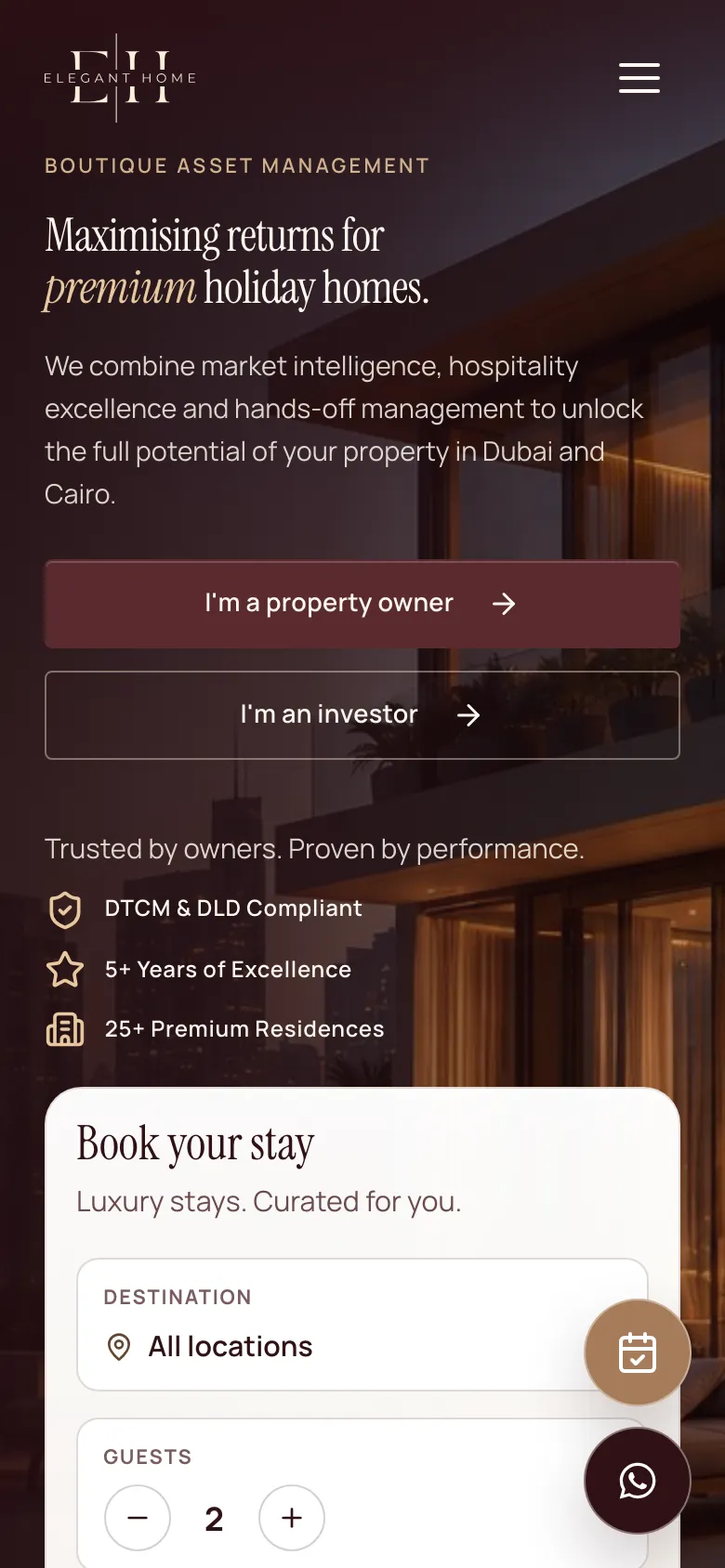 Elegant Homes على الهاتف، مع مسارات للملّاك والضيوف.