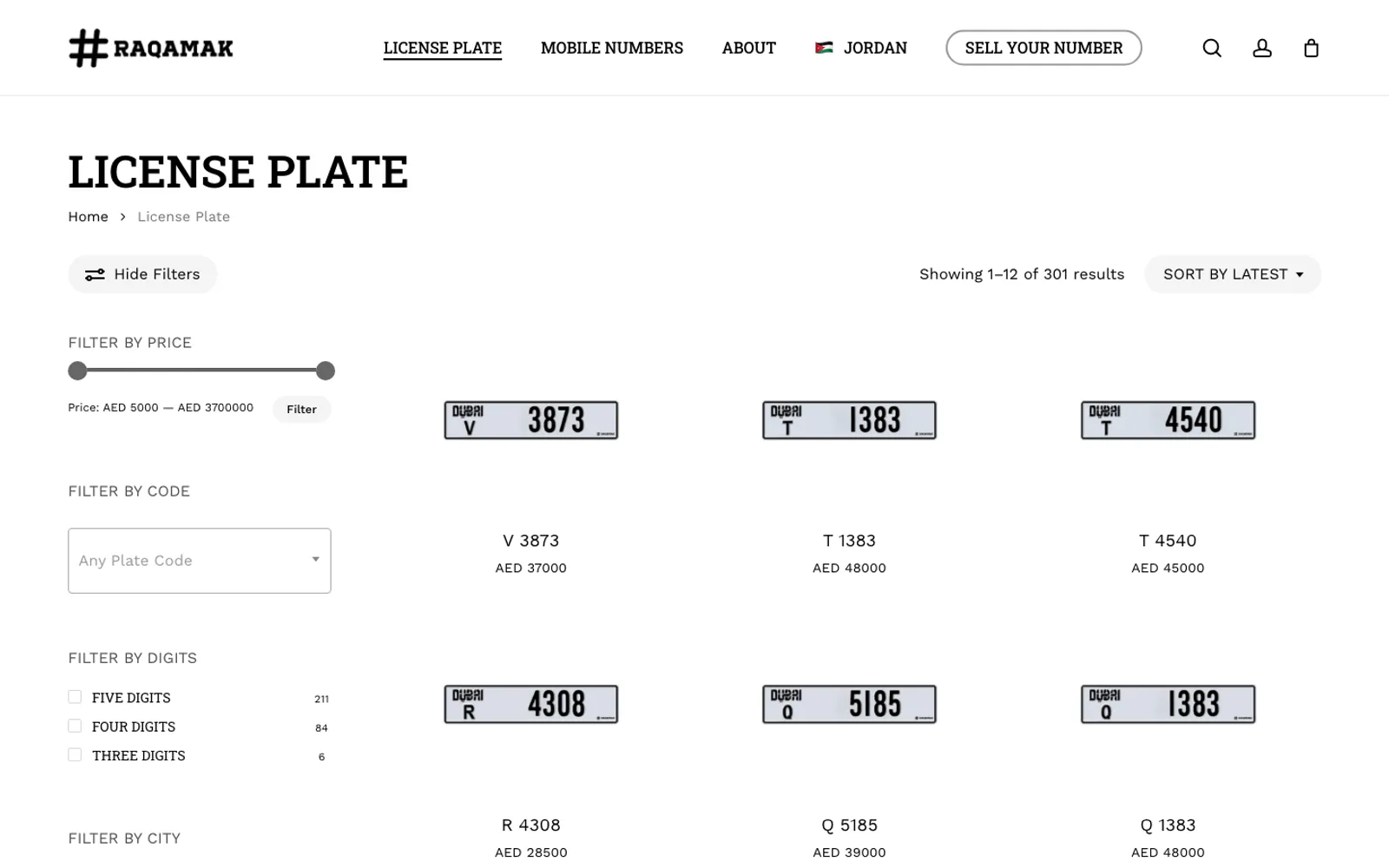 The RAQAMAK licence plate catalogue with price and type filters.