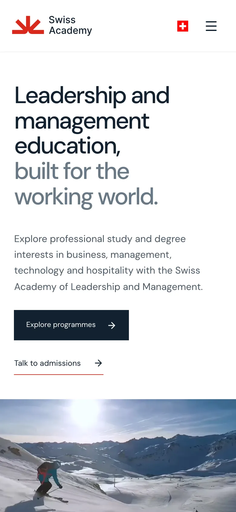 Swiss Academy homepage on a phone.