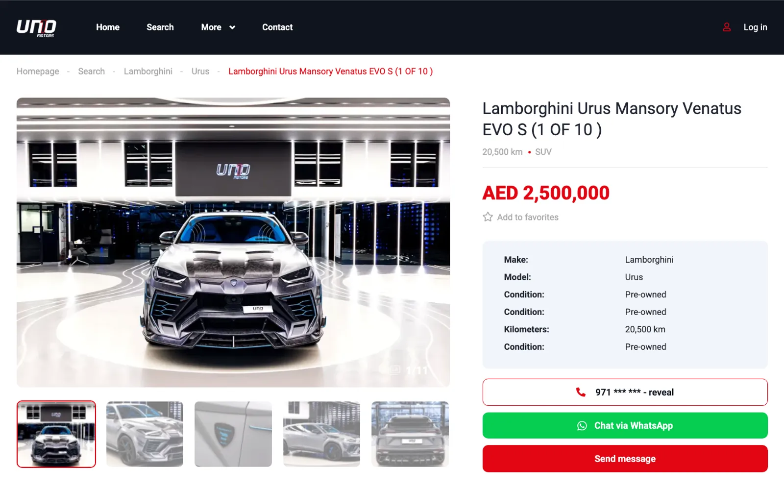 A UNO Motors listing page with price, specification and WhatsApp button.